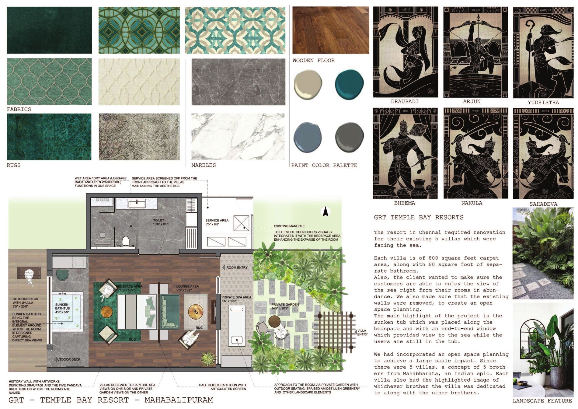 Concept, material board & villa plan