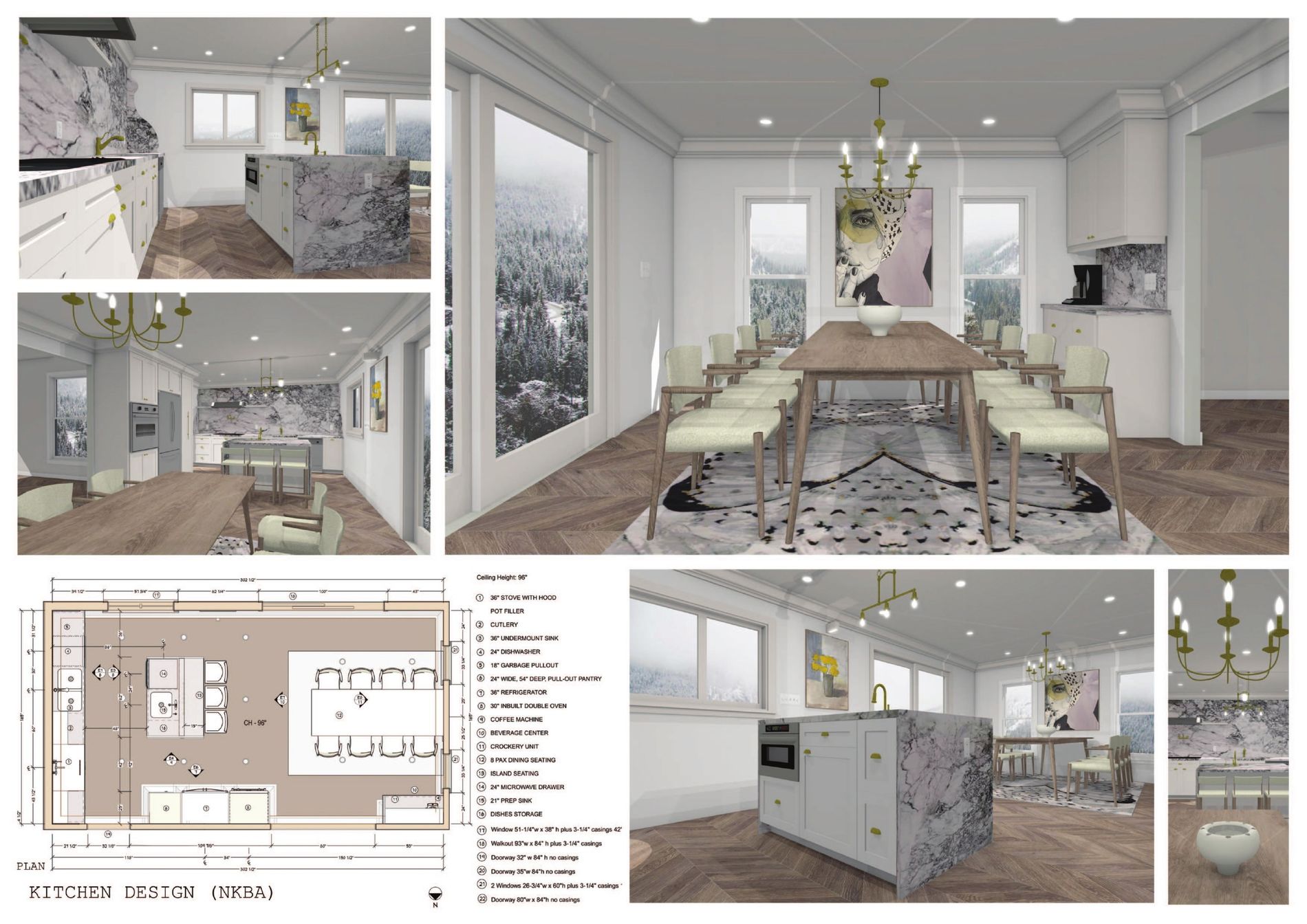 Kitchen study — white marble & dining